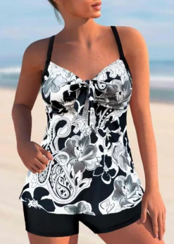 Paisley Print White Bowknot Tankini Set
