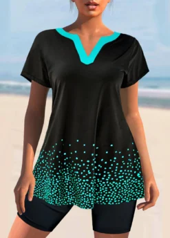 Split Neck Black Short Sleeve Tankini Set