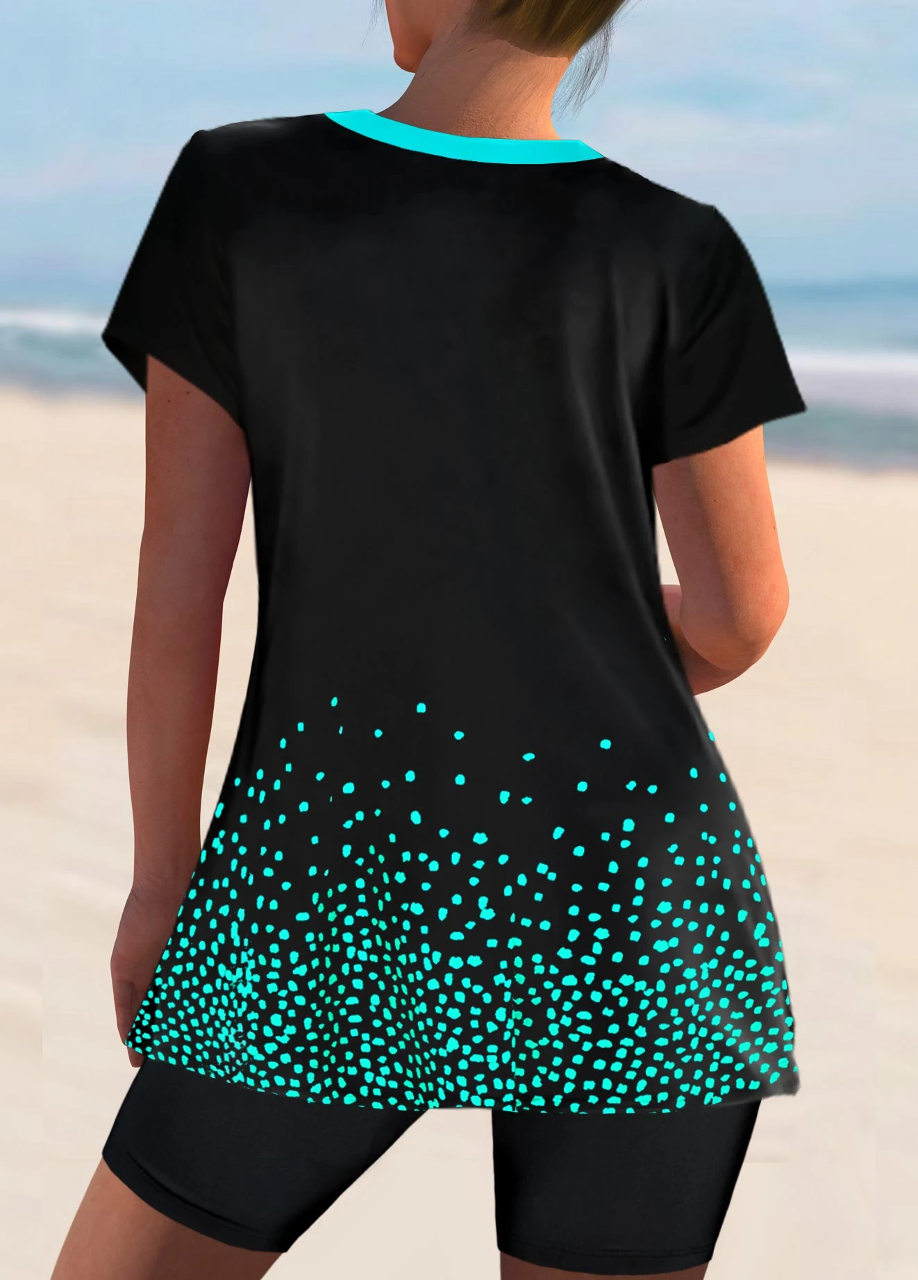 Split Neck Black Short Sleeve Tankini Set 2 Split Neck Black Short Sleeve Tankini Set - Image 2