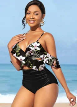 Floral Print Flounce High Waisted Black Bikini Set -LICA Clothing Shop 299547 P 1646632009789