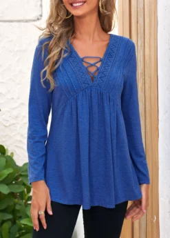 Royal Blue Lace Stitching Long Sleeve T Shirt