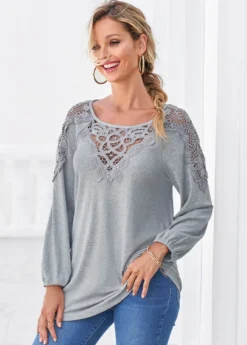 Grey Marl Long Sleeve Lace Panel T Shirt -LICA Clothing Shop 304740 P 16571912685014