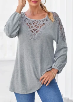 Grey Marl Long Sleeve Lace Panel T Shirt -LICA Clothing Shop 304740 P 16571912687253