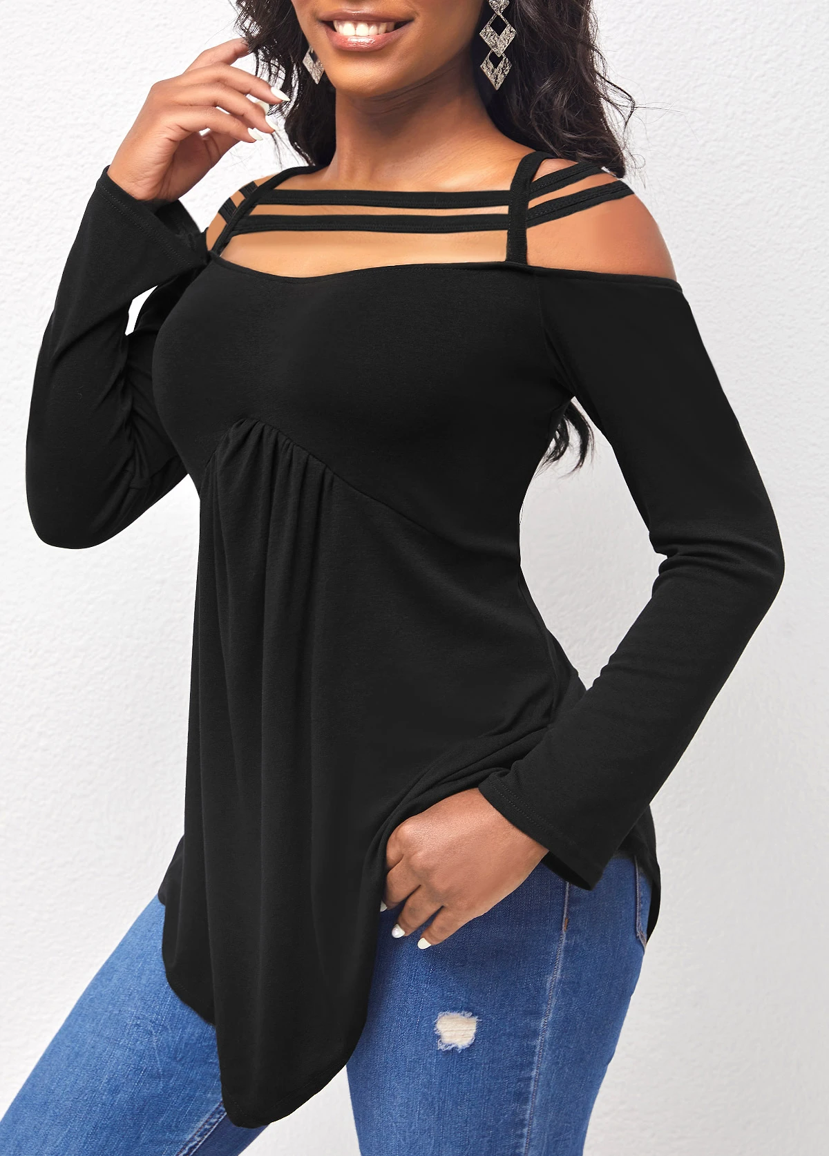 Black Asymmetric Hem Cold Shoulder T Shirt 3 Black Asymmetric Hem Cold Shoulder T Shirt - Image 3