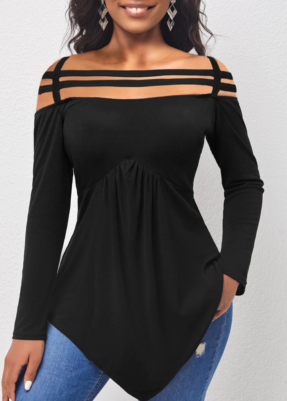 Black Asymmetric Hem Cold Shoulder T Shirt 4 Black Asymmetric Hem Cold Shoulder T Shirt - Image 4