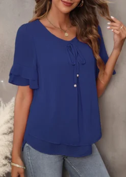 Navy Blue Tie Front Layered Hem T Shirt -LICA Clothing Shop 307978 P 16563266070313