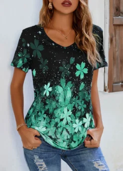 Floral Print Short Sleeve Green T Shirt -LICA Clothing Shop 310164 P 16589172564853