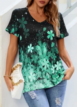 Floral Print Short Sleeve Green T Shirt