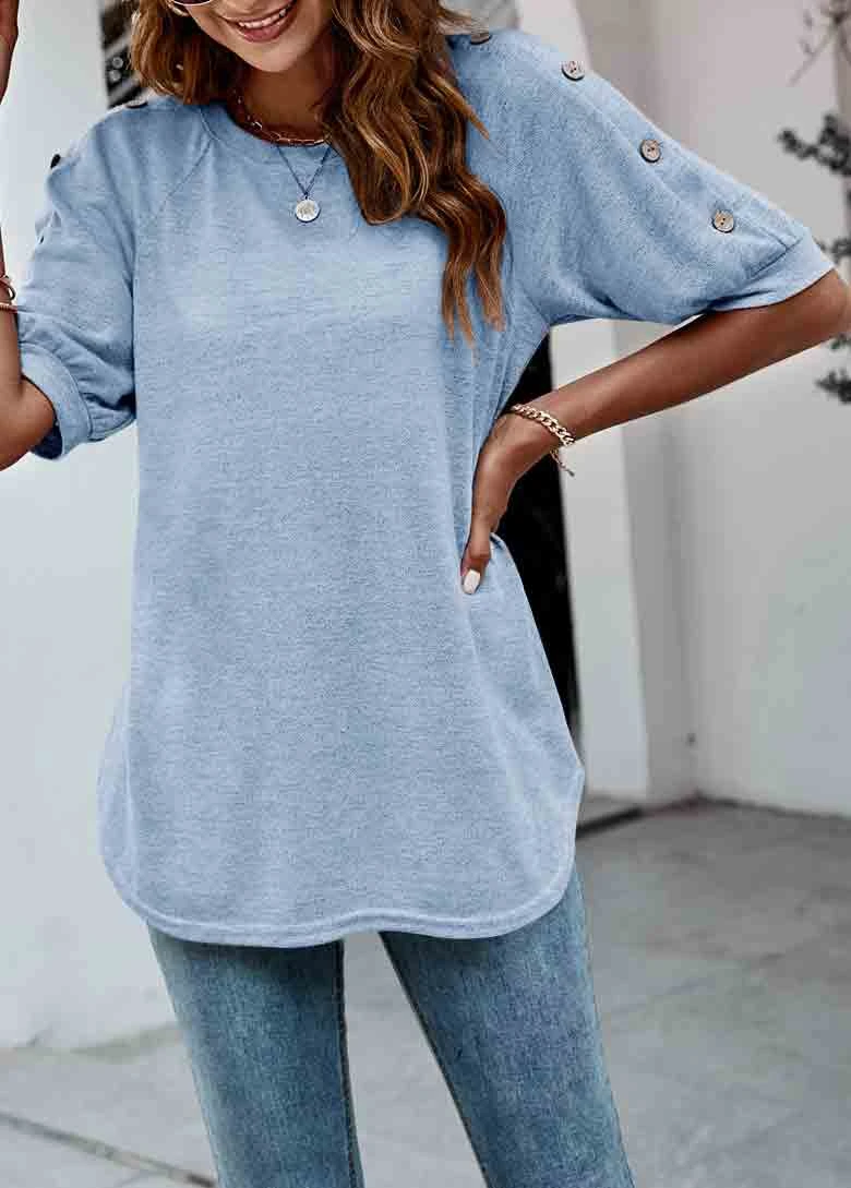 Decorative Button Light Blue Round Neck T Shirt 1 Decorative Button Light Blue Round Neck T Shirt