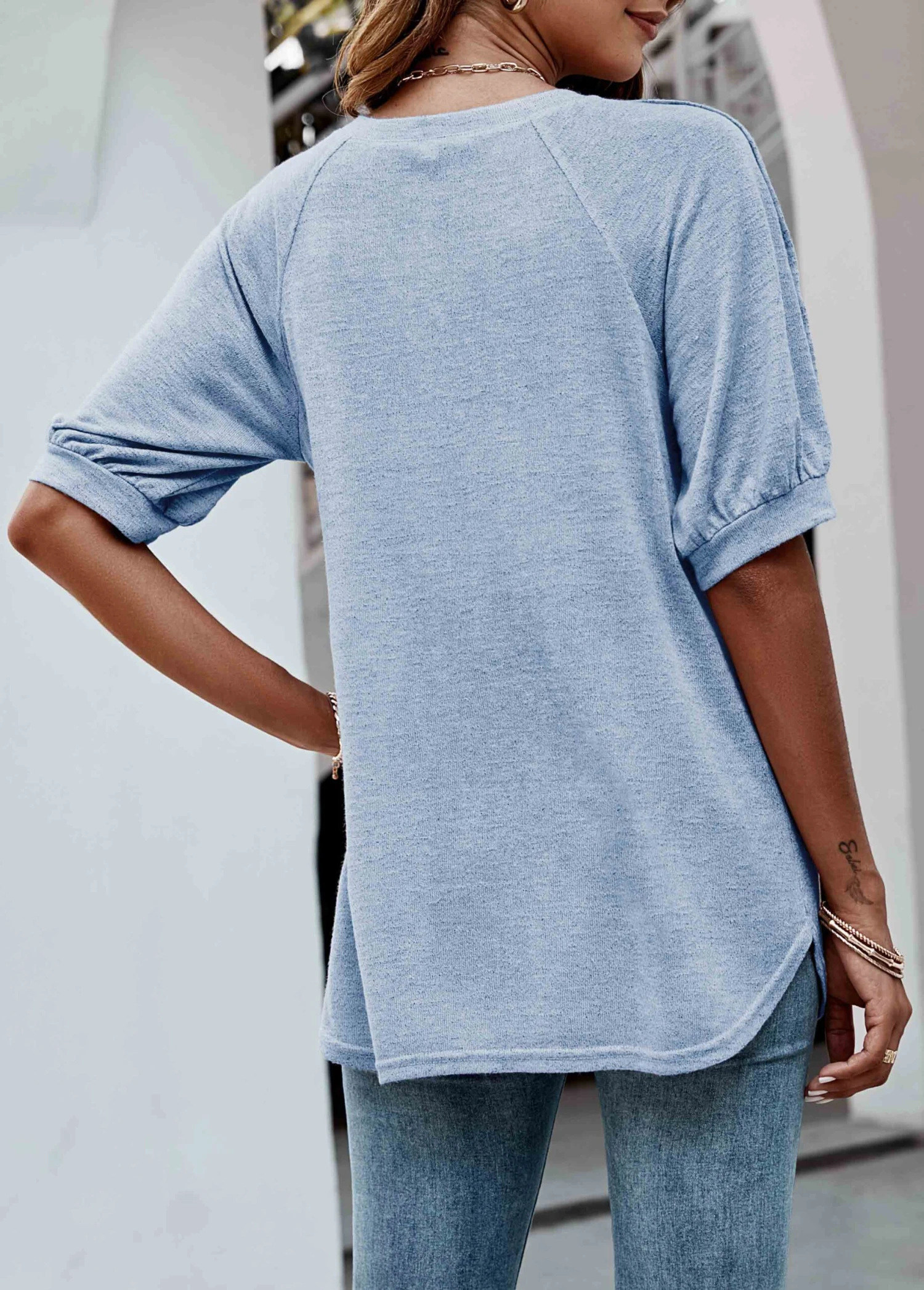 Decorative Button Light Blue Round Neck T Shirt 2 Decorative Button Light Blue Round Neck T Shirt - Image 2