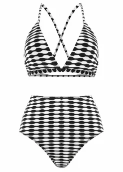 Three-piece High Waisted Geometric Print Black Bikini Set