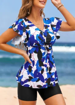 Drawstring Mid Waisted Leaf Print Blue Tankini Top 8 Drawstring Mid Waisted Leaf Print Blue Tankini Top -LICA Clothing Shop 318840 P 16716246012222
