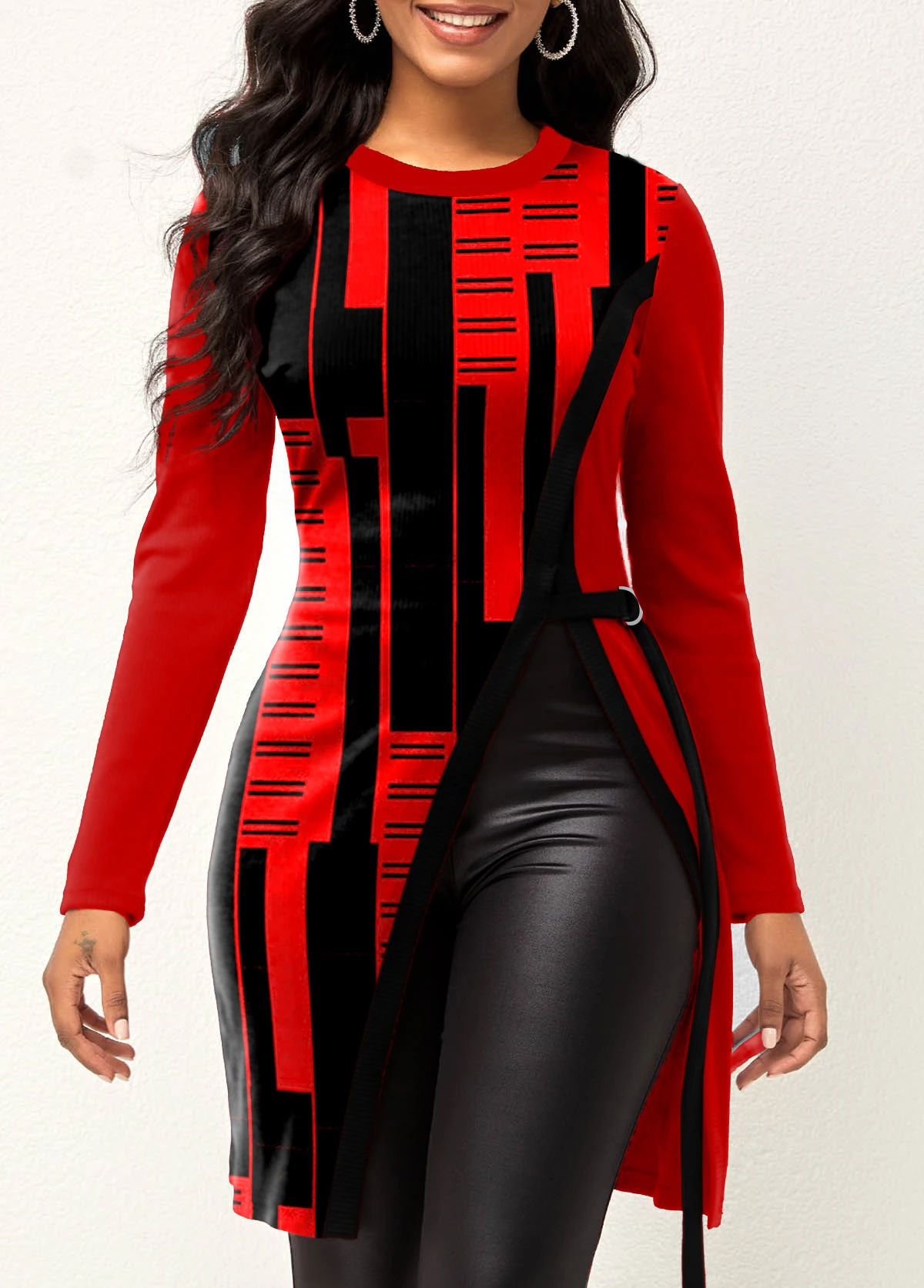 Red Split Geometric Print Long Sleeve T Shirt 1 Red Split Geometric Print Long Sleeve T Shirt