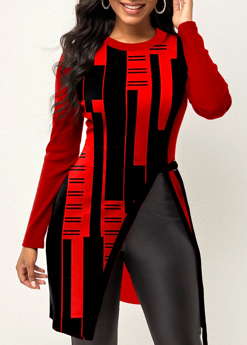 Red Split Geometric Print Long Sleeve T Shirt 3 Red Split Geometric Print Long Sleeve T Shirt - Image 3