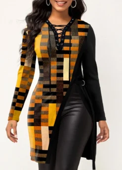 Yellow Split Geometric Print Long Sleeve T Shirt