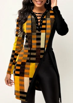 Yellow Split Geometric Print Long Sleeve T Shirt -LICA Clothing Shop 320240 P 1668839987122