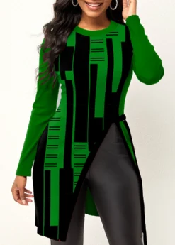 Green Geometric Print Long Sleeve T Shirt -LICA Clothing Shop 320292 P 1669014138758