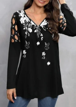 Black Zipper Floral Print Long Sleeve T Shirt -LICA Clothing Shop 320850 P 1669712598910