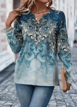 Dusty Blue Button Tribal Print T Shirt -LICA Clothing Shop 321079 P 16734912861032