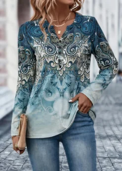 Dusty Blue Button Tribal Print T Shirt