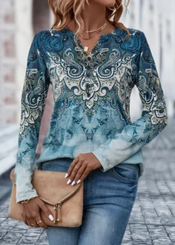 Dusty Blue Button Tribal Print T Shirt -LICA Clothing Shop 321079 P 16734912864864