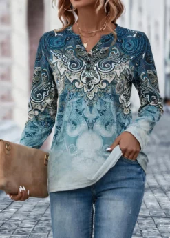 Dusty Blue Button Tribal Print T Shirt -LICA Clothing Shop 321079 P 16734912868513