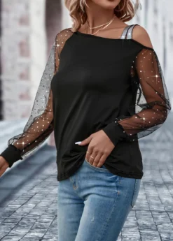 Black Patchwork Long Sleeve Asymmetrical Neck T Shirt 8 Black Patchwork Long Sleeve Asymmetrical Neck T Shirt -LICA Clothing Shop 321760 P 16734912931152