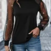 Black Patchwork Long Sleeve Asymmetrical Neck T Shirt