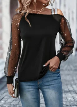Black Patchwork Long Sleeve Asymmetrical Neck T Shirt