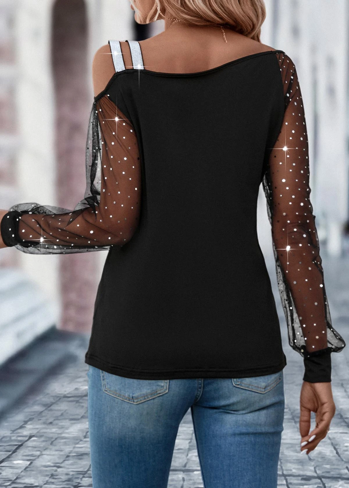 Black Patchwork Long Sleeve Asymmetrical Neck T Shirt 2 Black Patchwork Long Sleeve Asymmetrical Neck T Shirt - Image 2