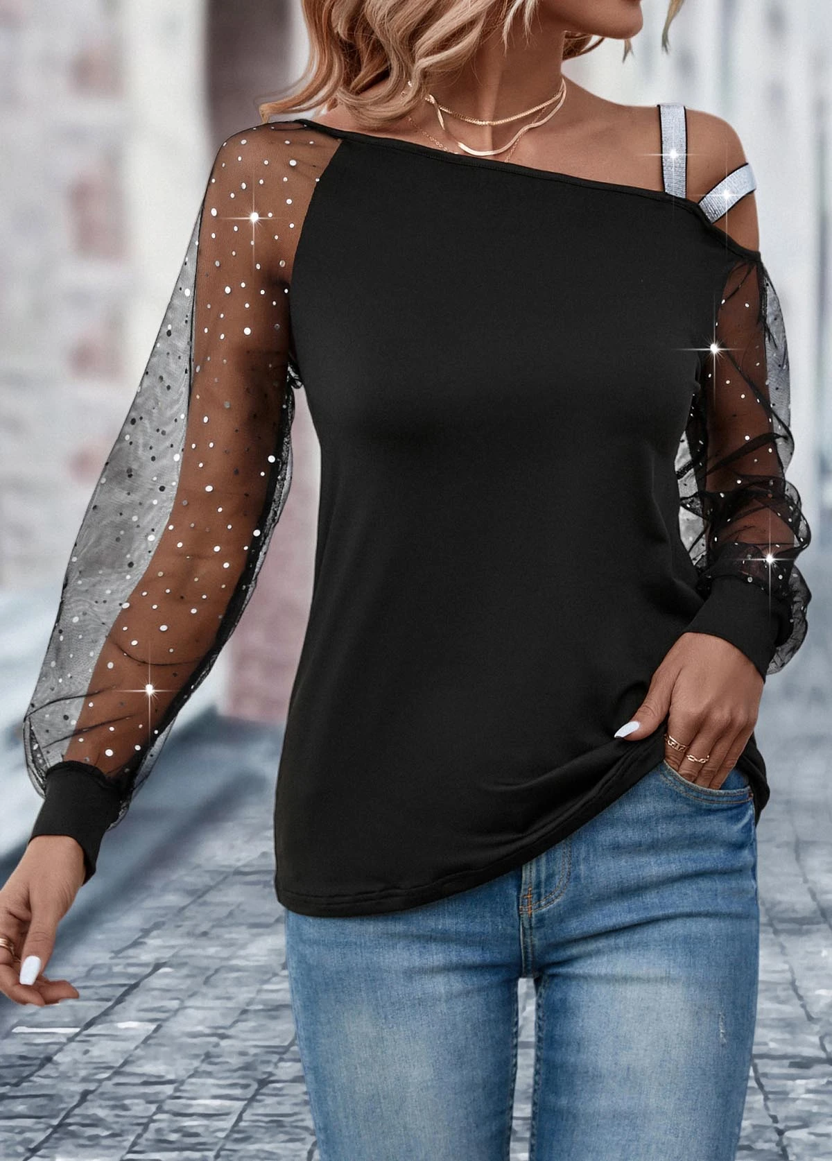 Black Patchwork Long Sleeve Asymmetrical Neck T Shirt 4 Black Patchwork Long Sleeve Asymmetrical Neck T Shirt - Image 4
