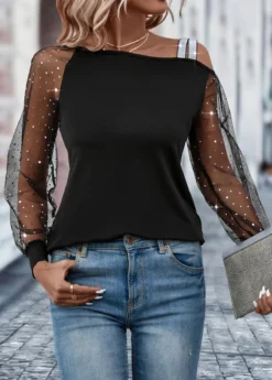Black Patchwork Long Sleeve Asymmetrical Neck T Shirt 11 Black Patchwork Long Sleeve Asymmetrical Neck T Shirt -LICA Clothing Shop 321760 P 16734912935185