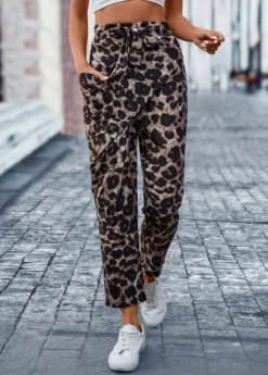 Dark Coffee Pocket Leopard Elastic Waist Belted Pants -LICA Clothing Shop 322218 P 16732328272024