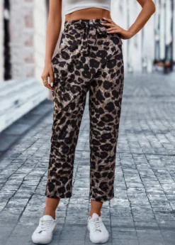 Dark Coffee Pocket Leopard Elastic Waist Belted Pants -LICA Clothing Shop 322218 P 16732328272613