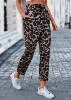 Dark Coffee Pocket Leopard Elastic Waist Belted Pants -LICA Clothing Shop 322218 P 16732328277632