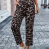 Dark Coffee Pocket Leopard Elastic Waist Belted Pants