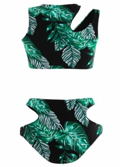 Cut Out Mid Waisted Leaf Print Black Bikini Set -LICA Clothing Shop 322576 P 1698056235431
