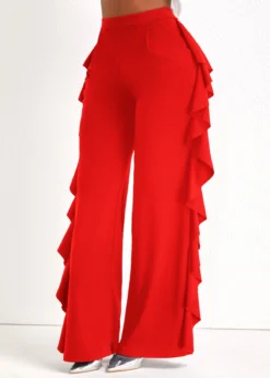 Red Ruffle Wide Leg High Waisted Pants -LICA Clothing Shop 322823 P 16754238743342