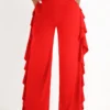 Red Ruffle Wide Leg High Waisted Pants