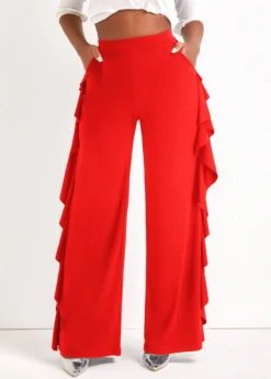 Red Ruffle Wide Leg High Waisted Pants