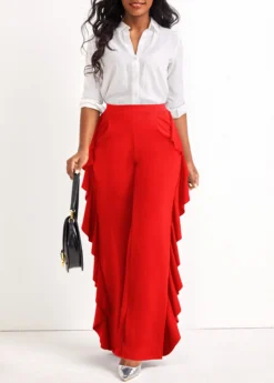 Red Ruffle Wide Leg High Waisted Pants -LICA Clothing Shop 322823 P 16754238746763