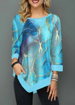 Round Neck Cyan Patchwork Ombre T Shirt