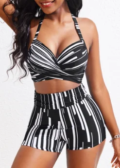 Criss Cross High Waisted Geometric Print Black Bikini Set