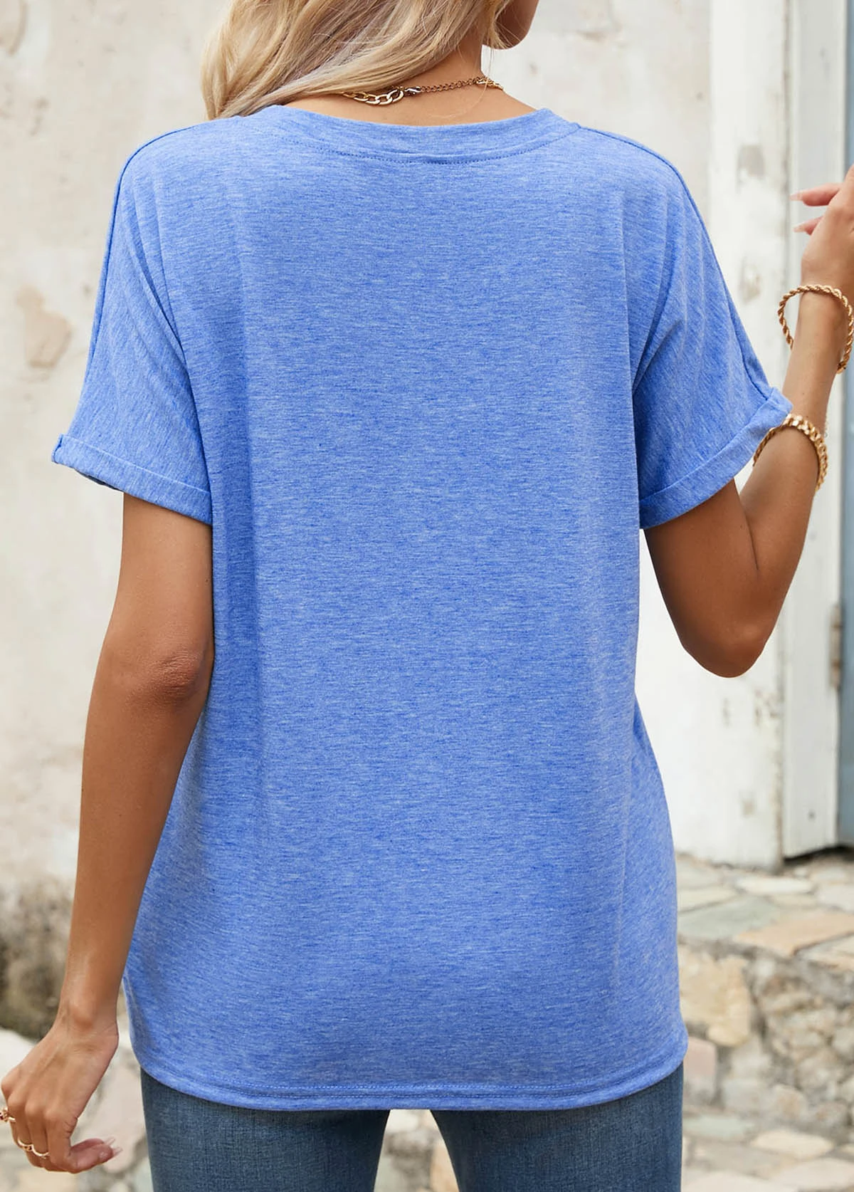 Blue Button Short Sleeve Split Neck T Shirt 2 Blue Button Short Sleeve Split Neck T Shirt - Image 2