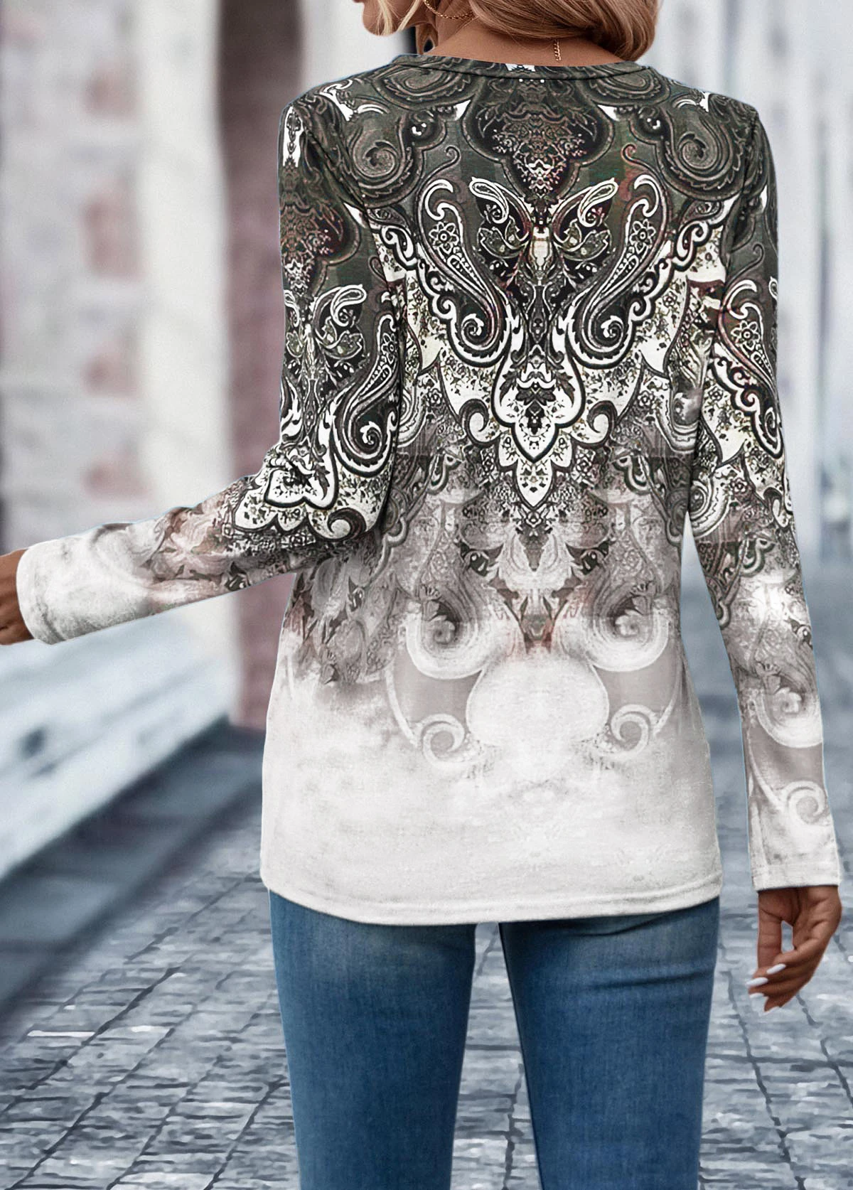 Light Coffee Button Tribal Print T Shirt 2 Light Coffee Button Tribal Print T Shirt - Image 2