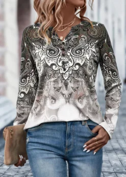 Light Coffee Button Tribal Print T Shirt 6 Light Coffee Button Tribal Print T Shirt -LICA Clothing Shop 326040 P 16772331817842