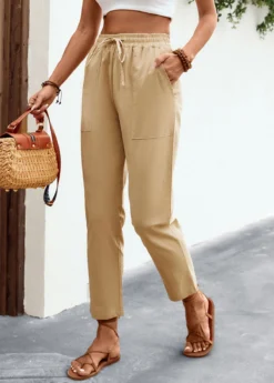 Light Camel Pocket Regular Elastic Waist Pants -LICA Clothing Shop 326082 P 16794529116485