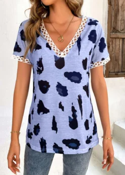 Dusty Blue Patchwork Leopard Short Sleeve T Shirt -LICA Clothing Shop 326089 P 16775791421893