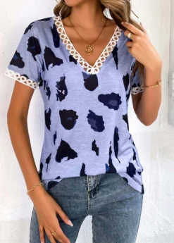 Dusty Blue Patchwork Leopard Short Sleeve T Shirt