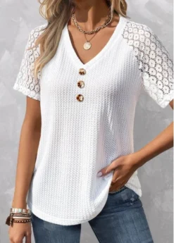 White Patchwork Short Sleeve V Neck T Shirt
